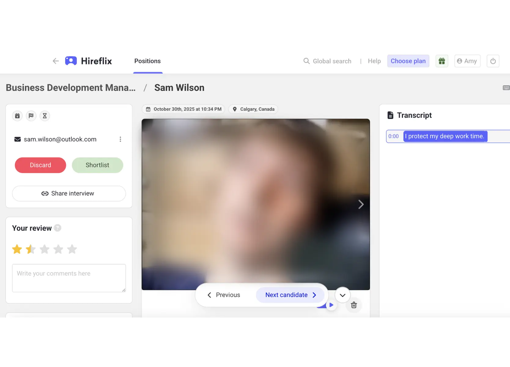 Hireflix Candidate page