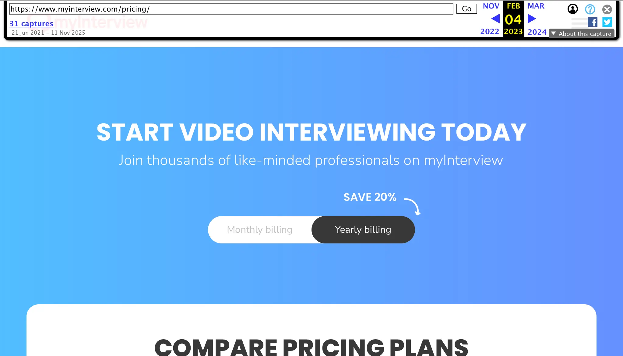 Página de precios de myInterview archivada en febrero de 2023, con selector de facturación mensual y anual, una etiqueta SAVE 20% y una tabla COMPARE PRICING PLANS.