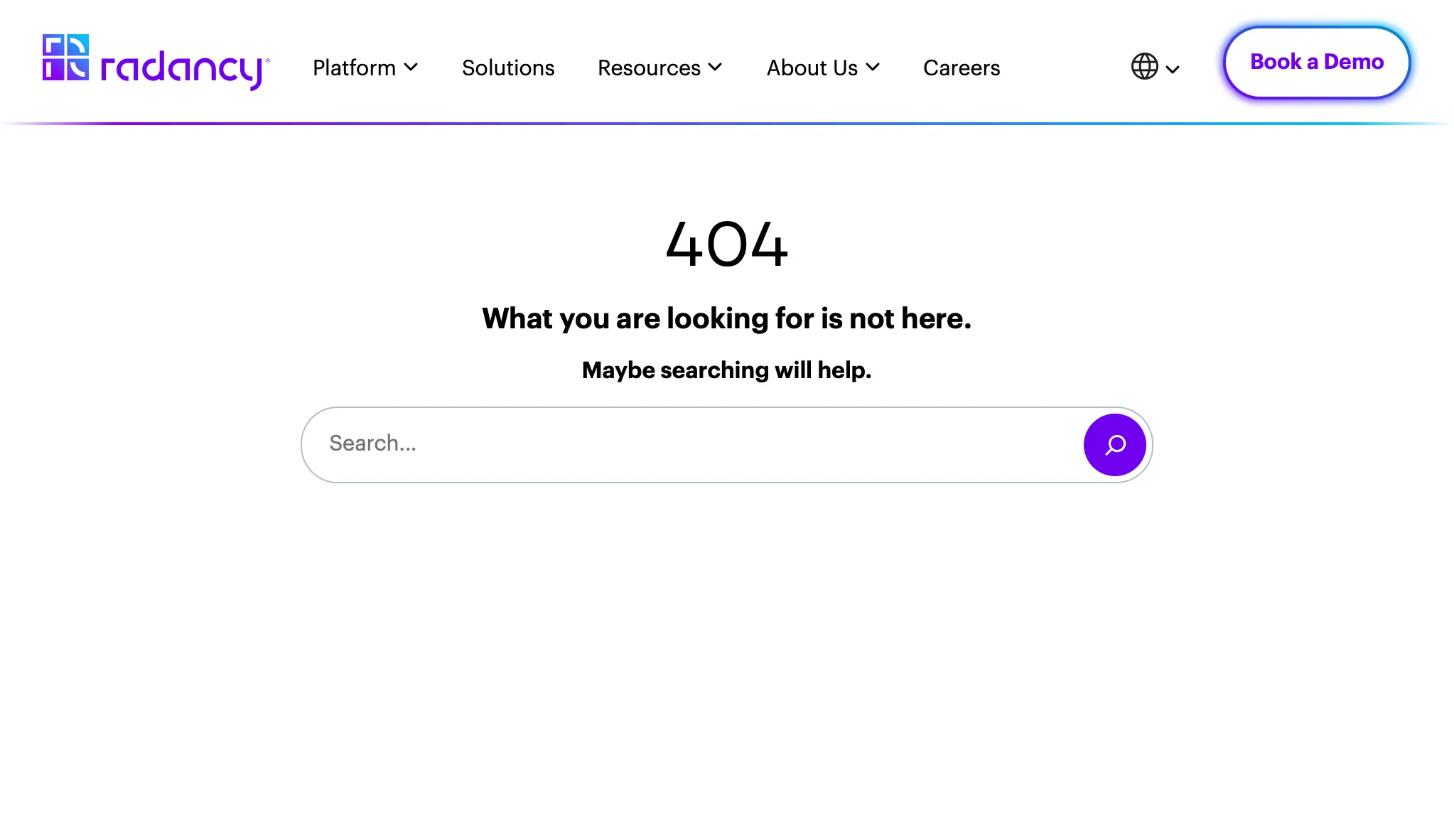 La antigua URL myinterview.com/pricing acabando en una página 404 de Radancy que dice "What you are looking for is not here."