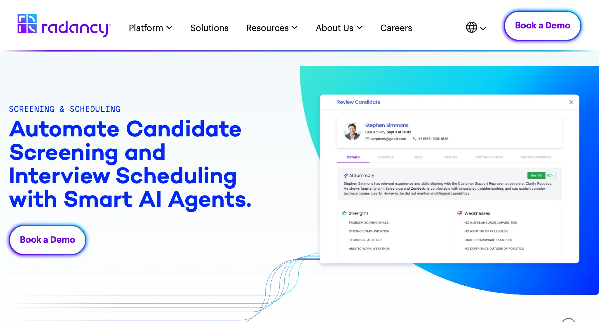 Página Screening & Scheduling de Radancy, donde se vende ahora la capacidad, con "Book a Demo" como única llamada a la acción y sin precio, prueba ni registro.