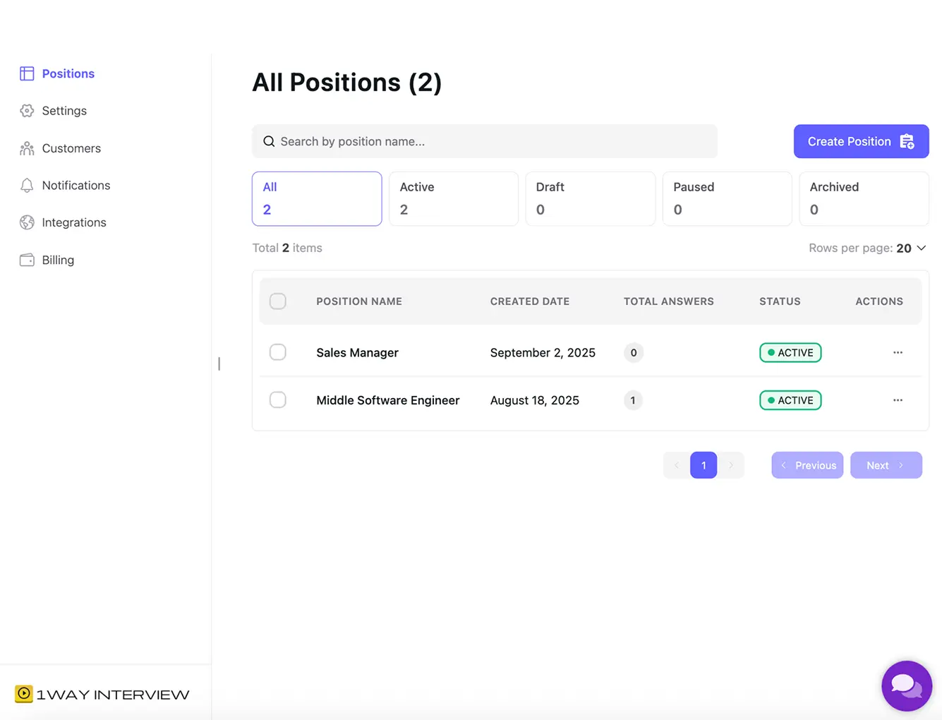 1WayInterview Dashboard Interface