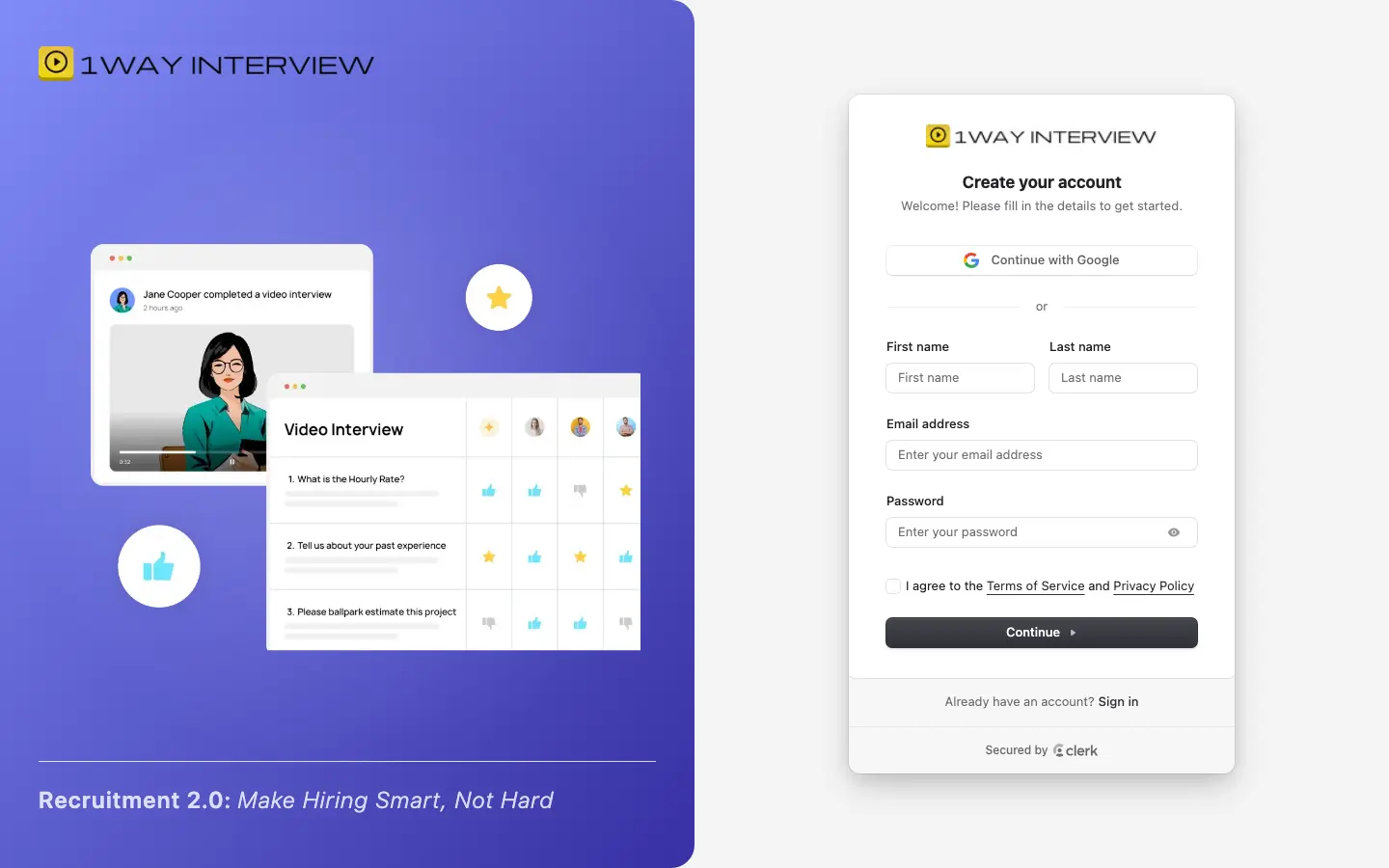Registro de 1WayInterview: crea tu cuenta con nombre, correo y contraseña