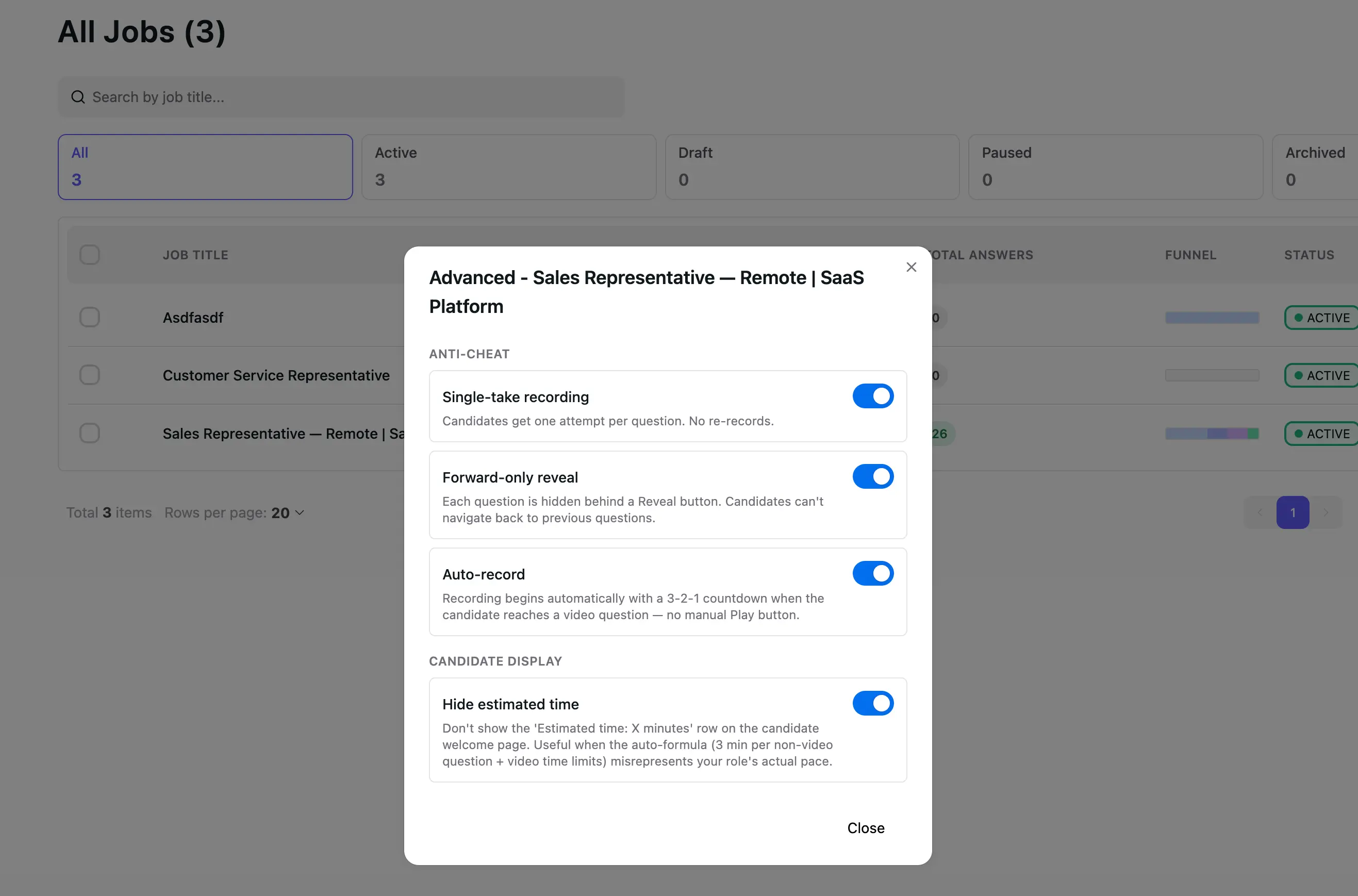 Advanced settings modal showing the three anti-cheat toggles (Single-take recording, Forward-only reveal, Auto-record) enabled for a position