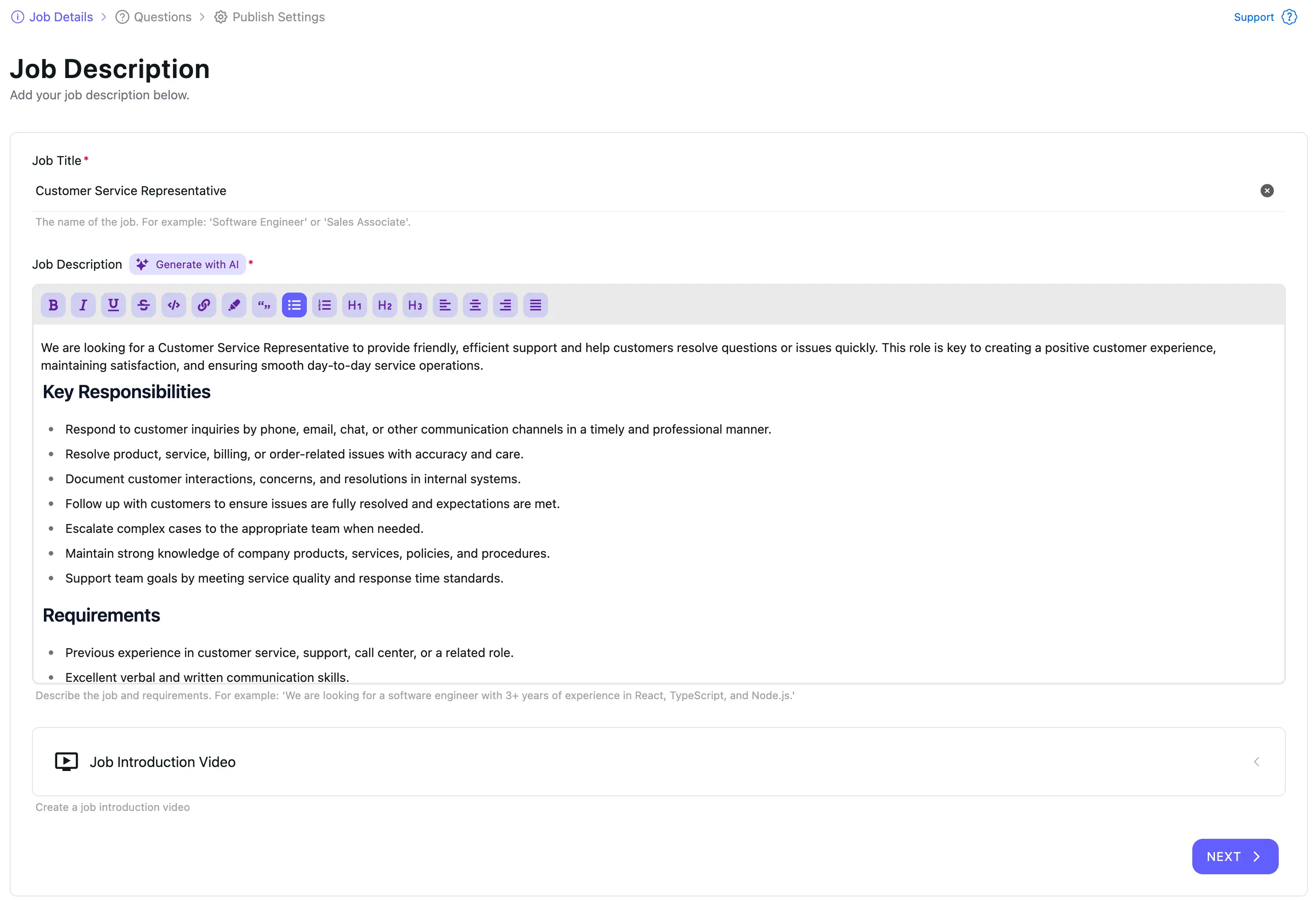Job description page for a Customer Service Representative role with Key Responsibilities and Requirements filled in