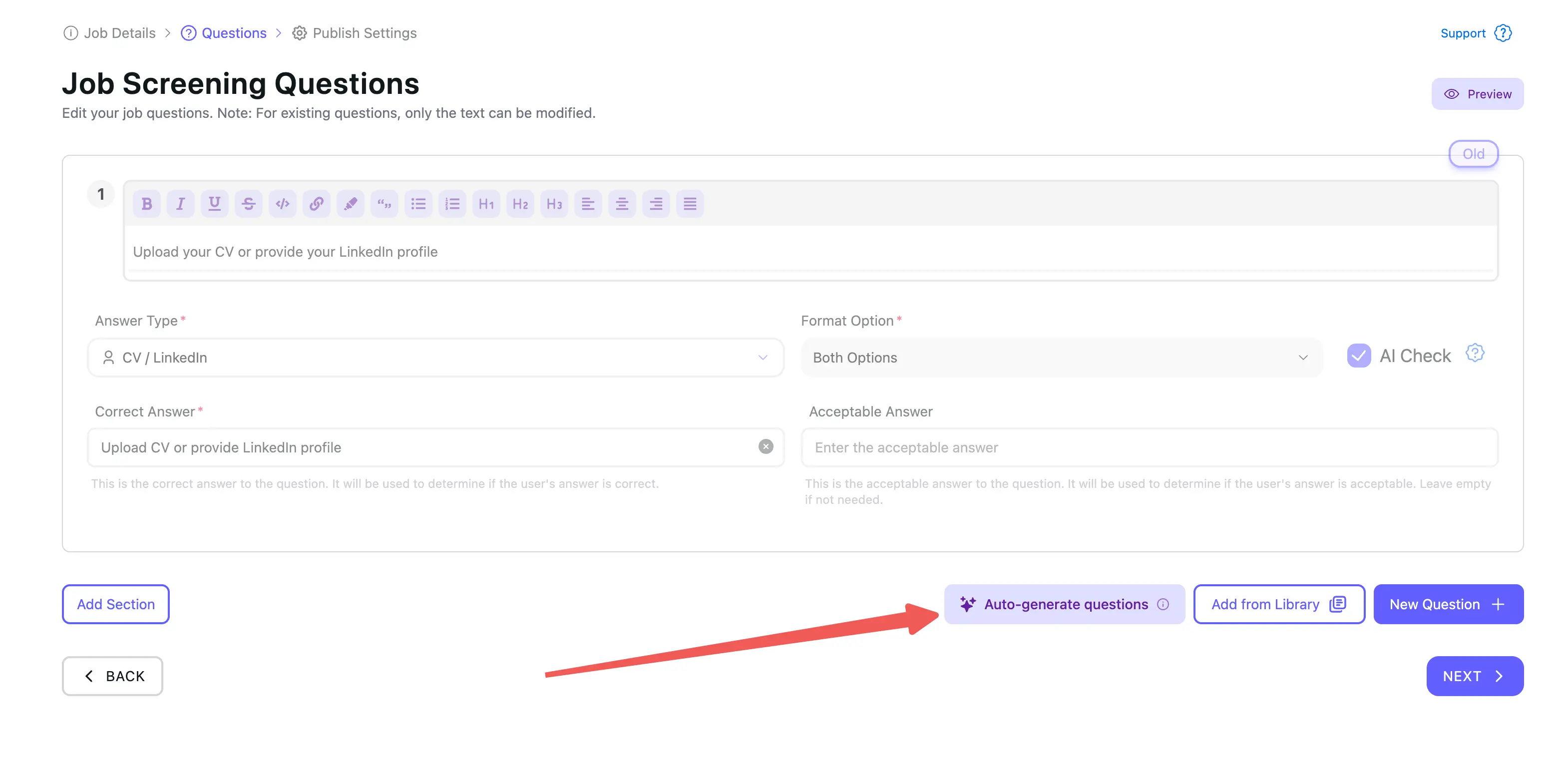 Screening questions page in OneWayInterview with an arrow pointing to the Auto-generate questions button