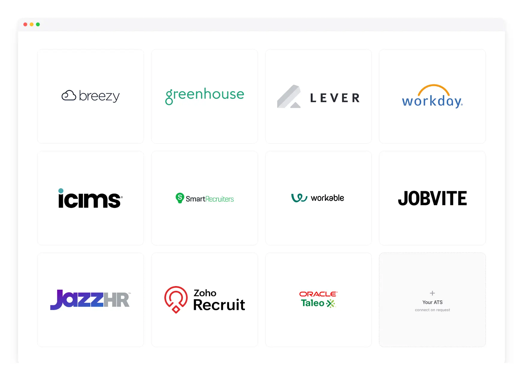 ATS integrations including Breezy HR, Greenhouse, Lever, Workday, iCIMS, SmartRecruiters, Workable, Jobvite, JazzHR, Zoho Recruit, and Oracle Taleo